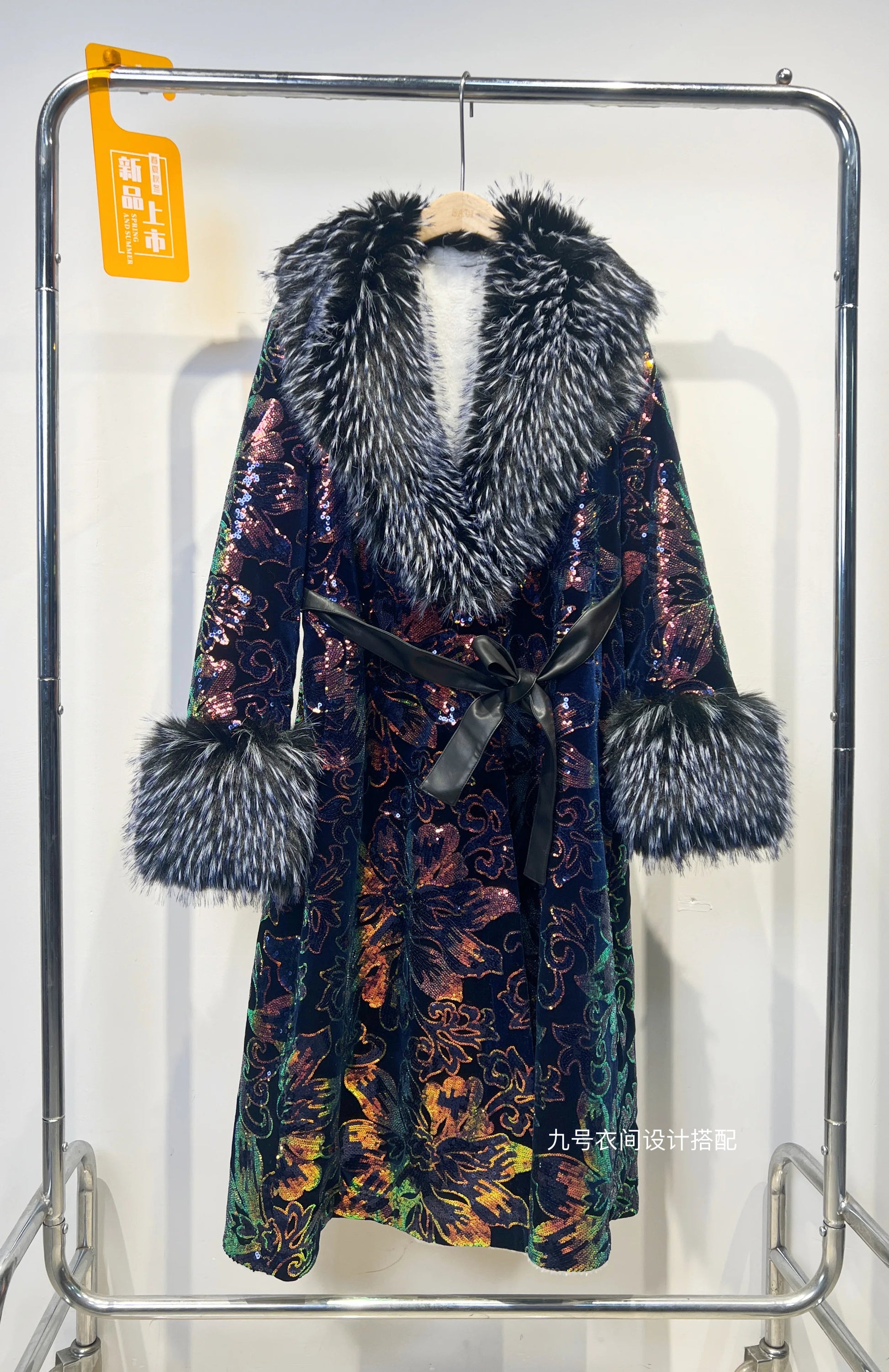 Women's Winter Coat + Heavy Sequin Embroidery With Faux Fox Fur Collar + Office Lady Style - SN Wigs & More