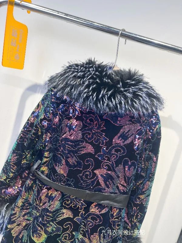 Women's Winter Coat + Heavy Sequin Embroidery With Faux Fox Fur Collar + Office Lady Style - SN Wigs & More