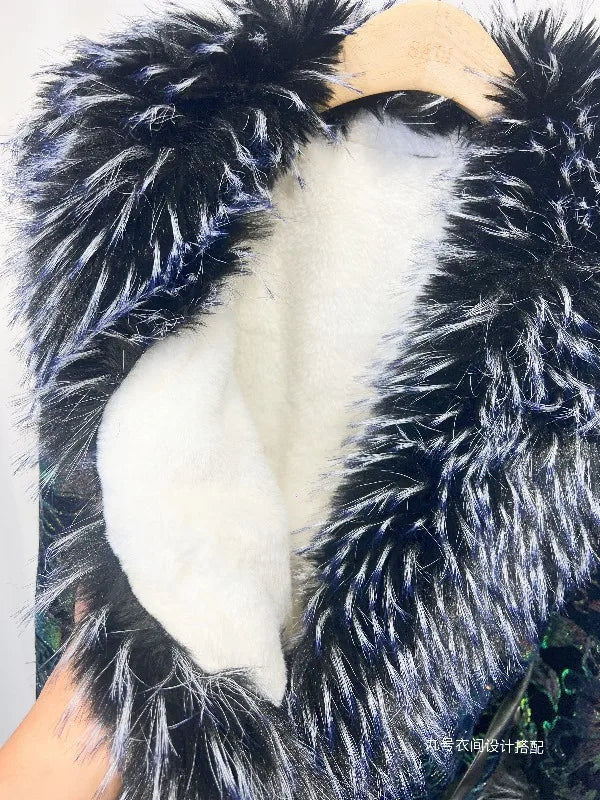 Women's Winter Coat + Heavy Sequin Embroidery With Faux Fox Fur Collar + Office Lady Style - SN Wigs & More