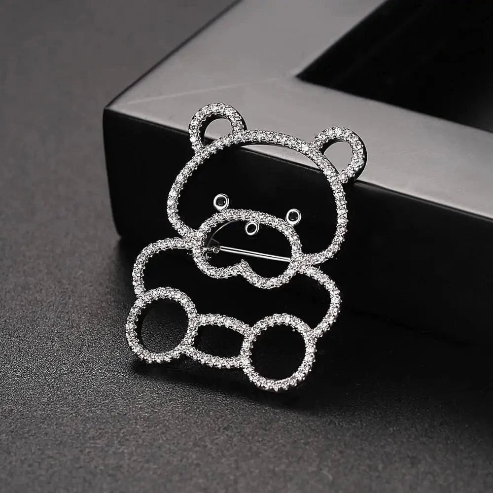 X-2019040807 / Rhodium Plated LUOTEEMI High Quality Brass Women Jewelry Fashion Bear Brooch Pin Tiny CZ Paved Animal Brooches