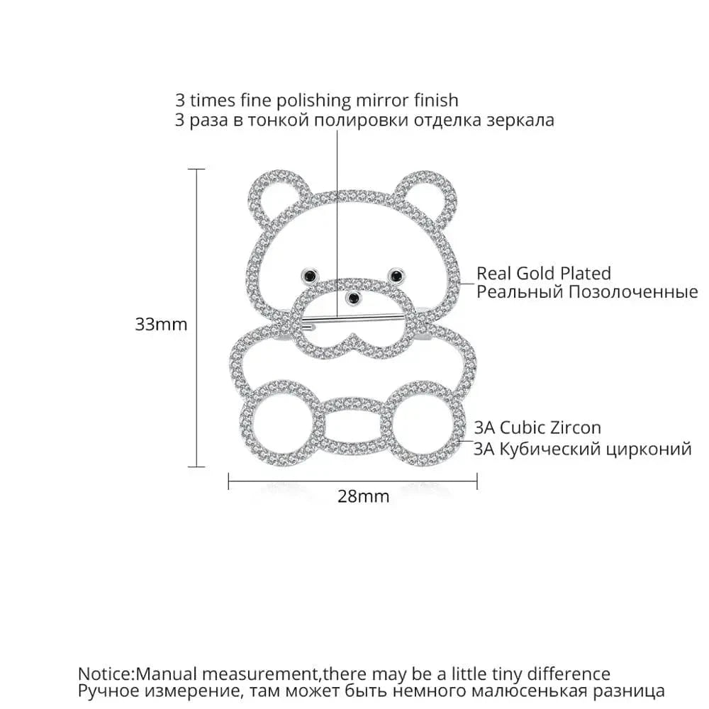 X-2019040807 / Rhodium Plated LUOTEEMI High Quality Brass Women Jewelry Fashion Bear Brooch Pin Tiny CZ Paved Animal Brooches