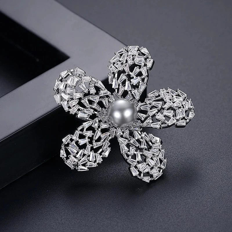 X19061003-Rh / Real Gold Plated LUOTEEMI Fashion Women Jewelry Pearl & Rhinestone Cubic Zircon Flower Design Pearl Brooch Pin