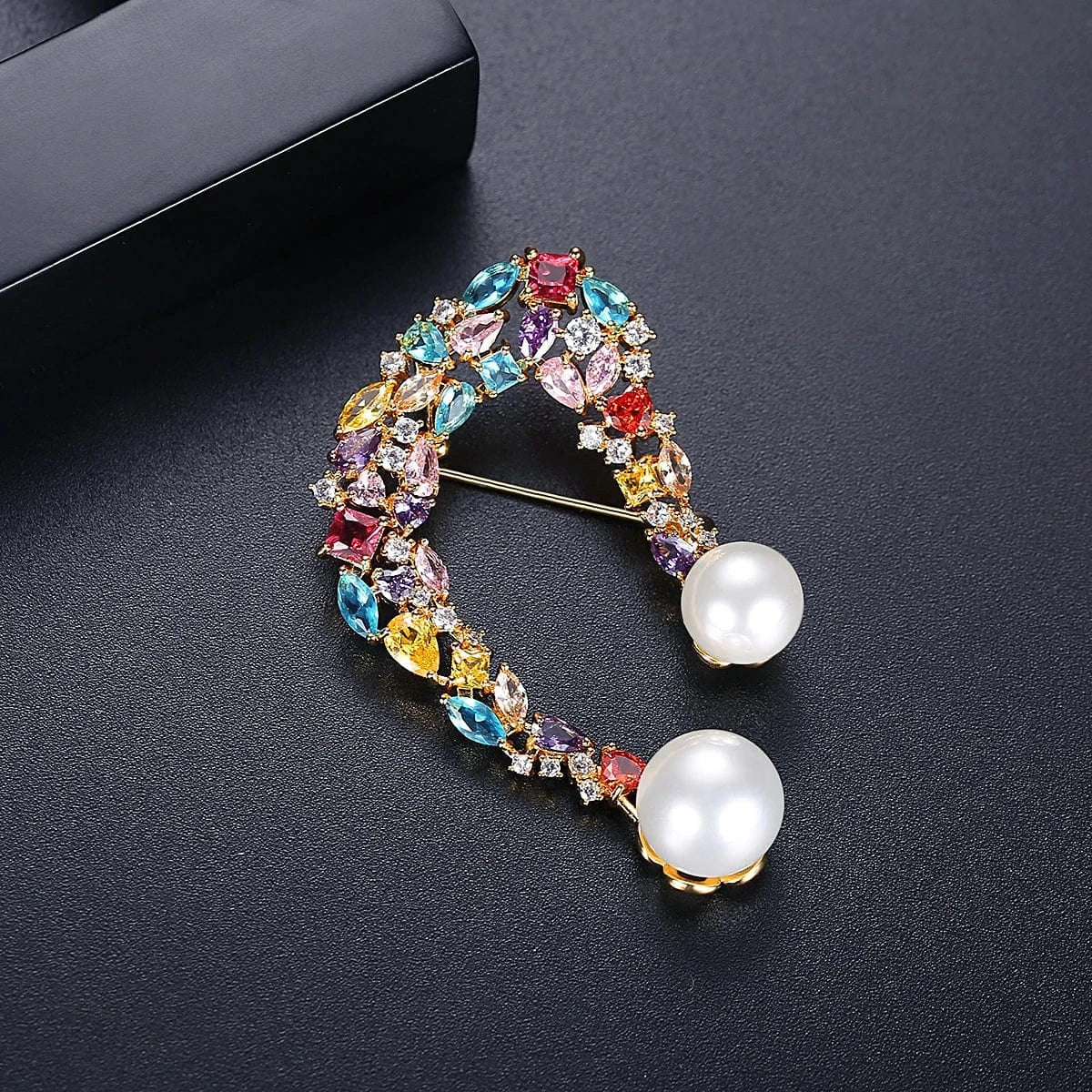 X19080908 / Gold Plated LUOTEEMI Glass Beads Rainbow Color Brass Brooches Broche Femme Initial Metal Alloy Brooch