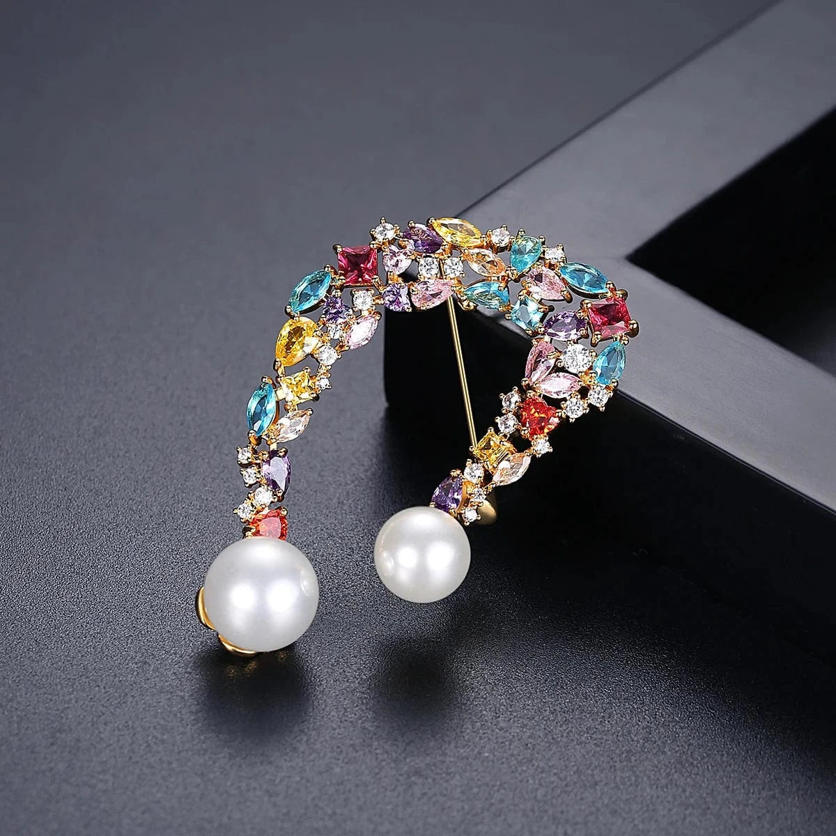 X19080908 / Gold Plated LUOTEEMI Glass Beads Rainbow Color Brass Brooches Broche Femme Initial Metal Alloy Brooch