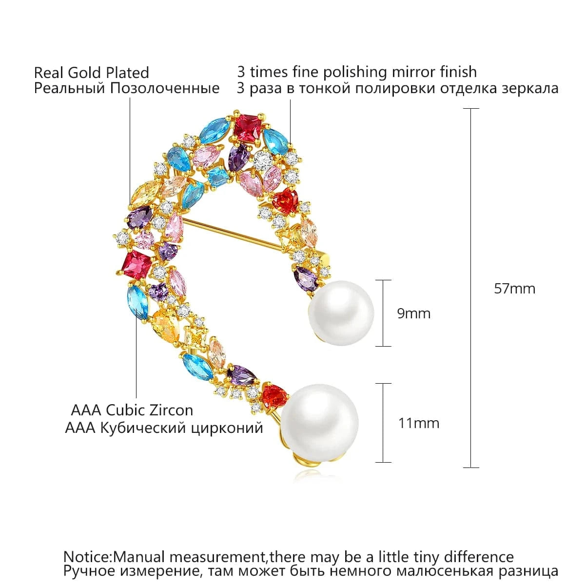 X19080908 / Gold Plated LUOTEEMI Glass Beads Rainbow Color Brass Brooches Broche Femme Initial Metal Alloy Brooch