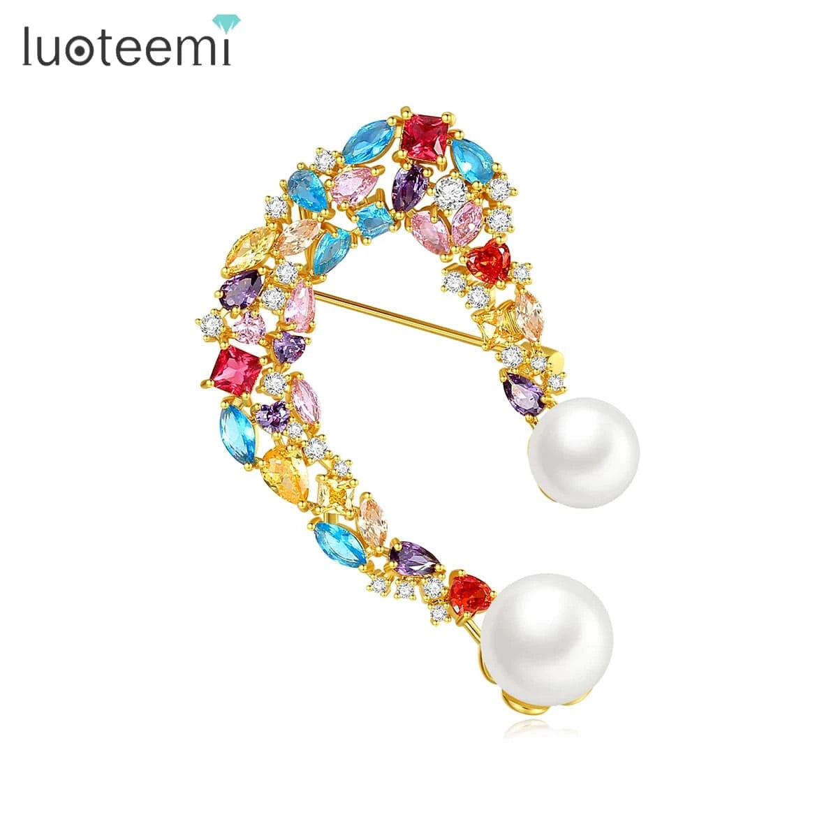 X19080908 / Gold Plated LUOTEEMI Glass Beads Rainbow Color Brass Brooches Broche Femme Initial Metal Alloy Brooch