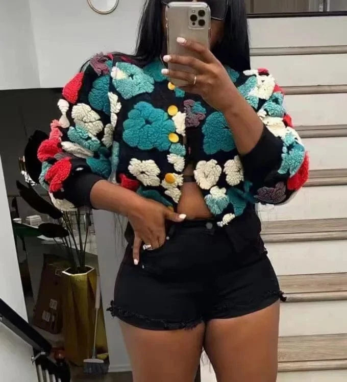 XH031 New Streetwear Spring Autumn Fall Winter Fashion Lady Color Blocking Patchwork Floral Short Pink Baseball Women's Jacket