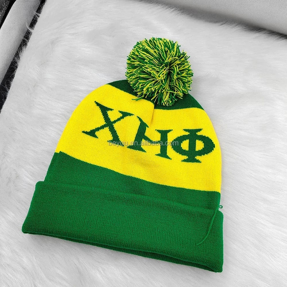 xhp Customized Logo Chi Eta Phi Sorority Greek Symbol Knitting Wool Winter Scarves Hat Set XHP Green Yellow Scarf Hat Set