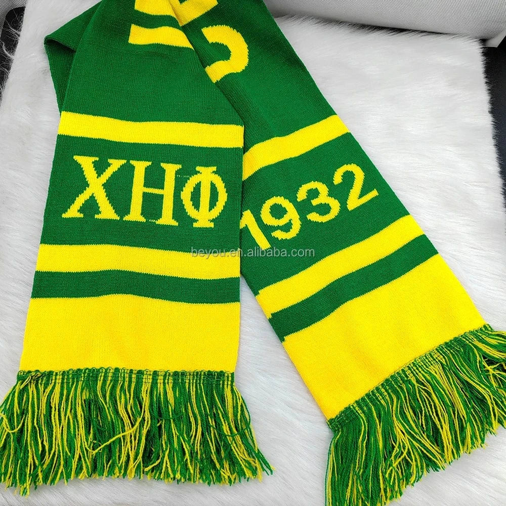 xhp Customized Logo Chi Eta Phi Sorority Greek Symbol Knitting Wool Winter Scarves Hat Set XHP Green Yellow Scarf Hat Set