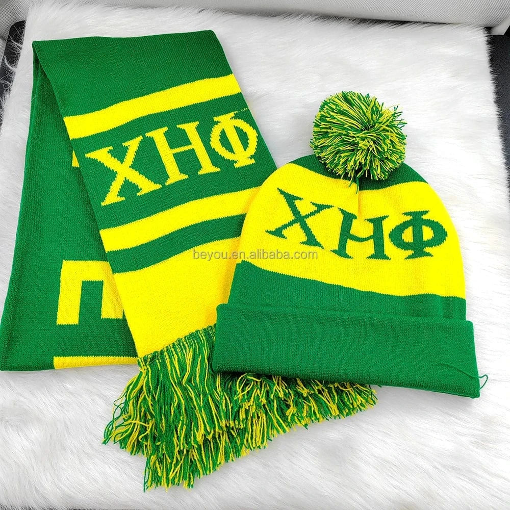 xhp Customized Logo Chi Eta Phi Sorority Greek Symbol Knitting Wool Winter Scarves Hat Set XHP Green Yellow Scarf Hat Set