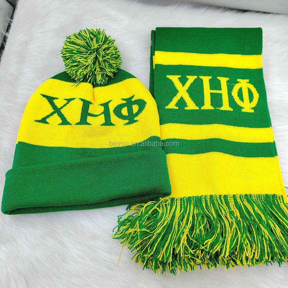 xhp Customized Logo Chi Eta Phi Sorority Greek Symbol Knitting Wool Winter Scarves Hat Set XHP Green Yellow Scarf Hat Set