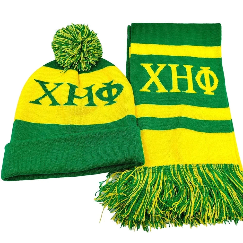 xhp Customized Logo Chi Eta Phi Sorority Greek Symbol Knitting Wool Winter Scarves Hat Set XHP Green Yellow Scarf Hat Set