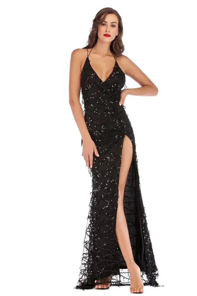 XK / Black Party Club Elegant Dress Women Vestidos De Festa Sexy Dresses Black Gold Sequined Long Evening Maxi Dress Y10377