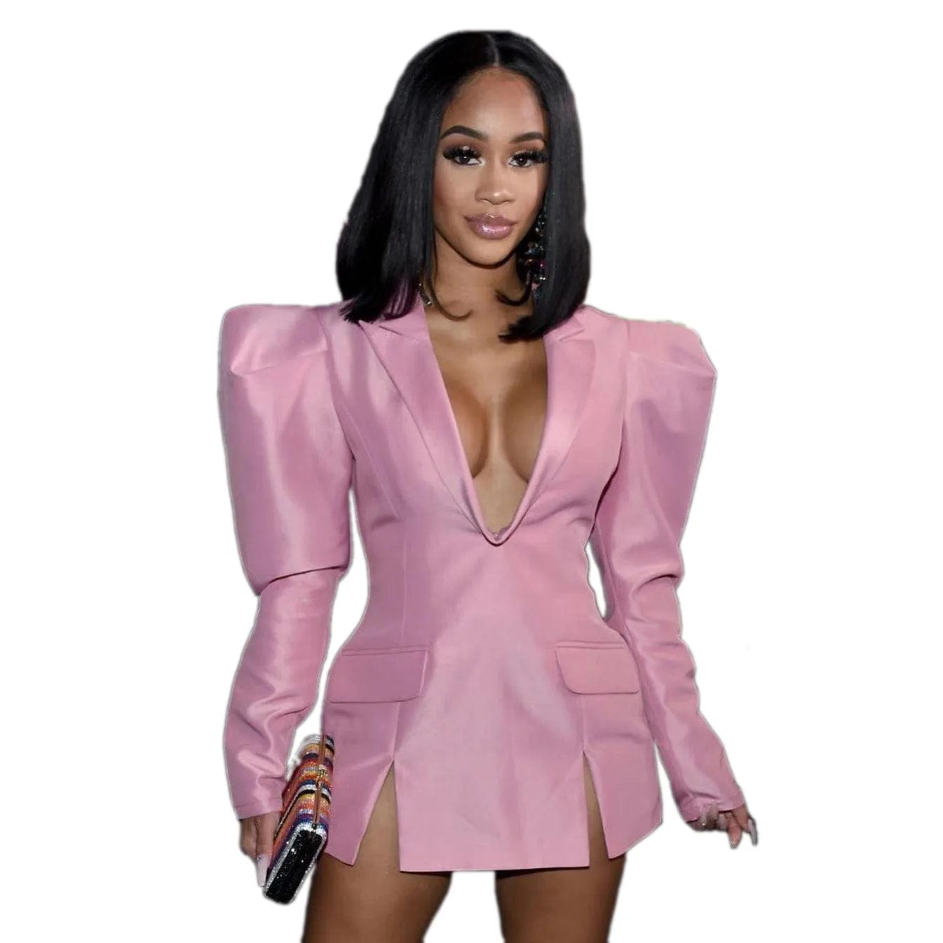 XL / #1 Oudina Hot Sale Fashion V-neck Design Sense Long Sleeve Jacket Women Pink Blazer Dress