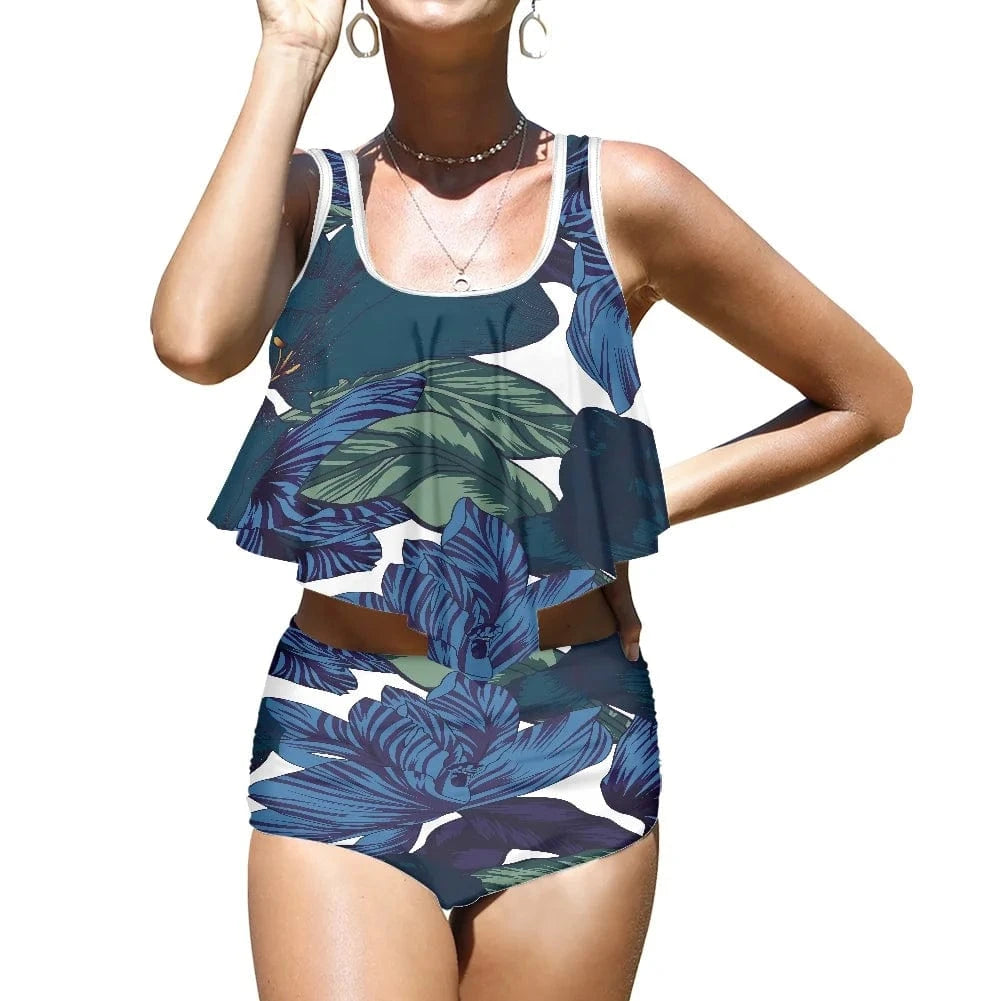 XL / 13 Custom 1MOQ Women Swimsuits Vintage Samoan Tribal Print High Waist Top Ruffle Push Up Padded Bra Bathing Suit