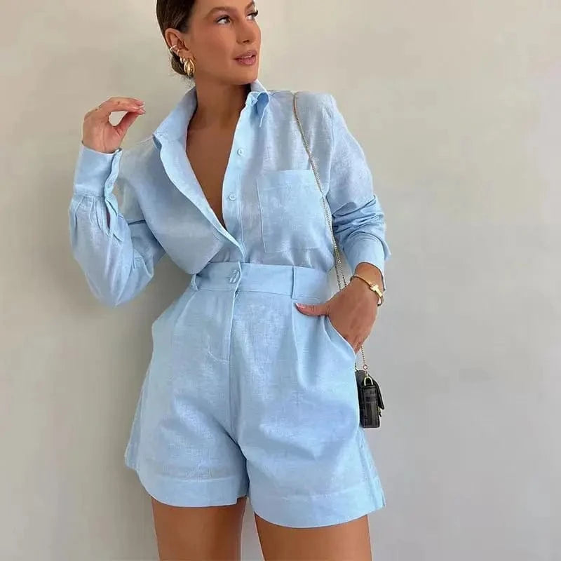 XL / 2 2024 New Chic Fashion Casual Short Suit Long Sleeved Blouse Shirt Solid Two Piece Set