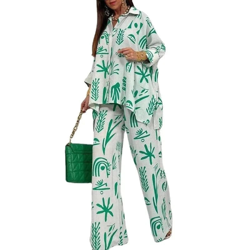 XL / 2 Boho Print 2-Piece Women Pant Pajamas Sets Sexy Top Trouser Summer Women High Waist WideLeg Set 2024 Fashion Sleepwear Home Suit