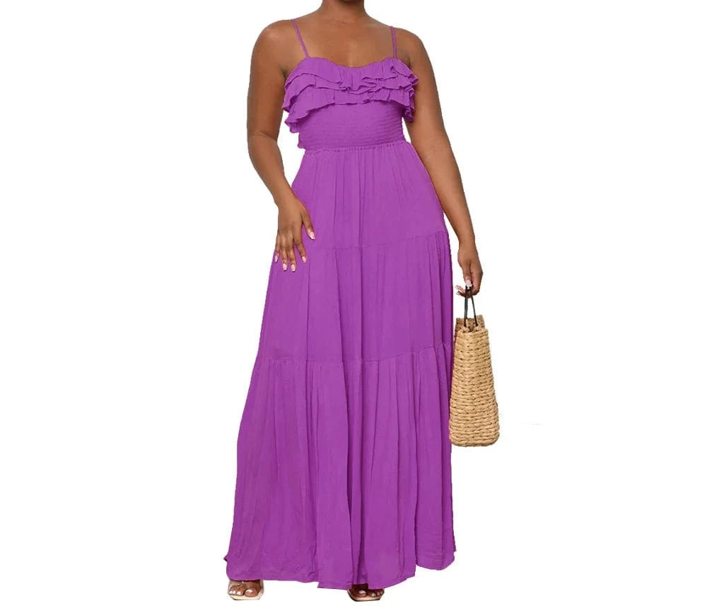 XL / 3 ZHEZHE Casual Summer 2024 New Arrivals Sleeveless Mushroom Edge Backless Bow Tie Women'S Maxi Dress