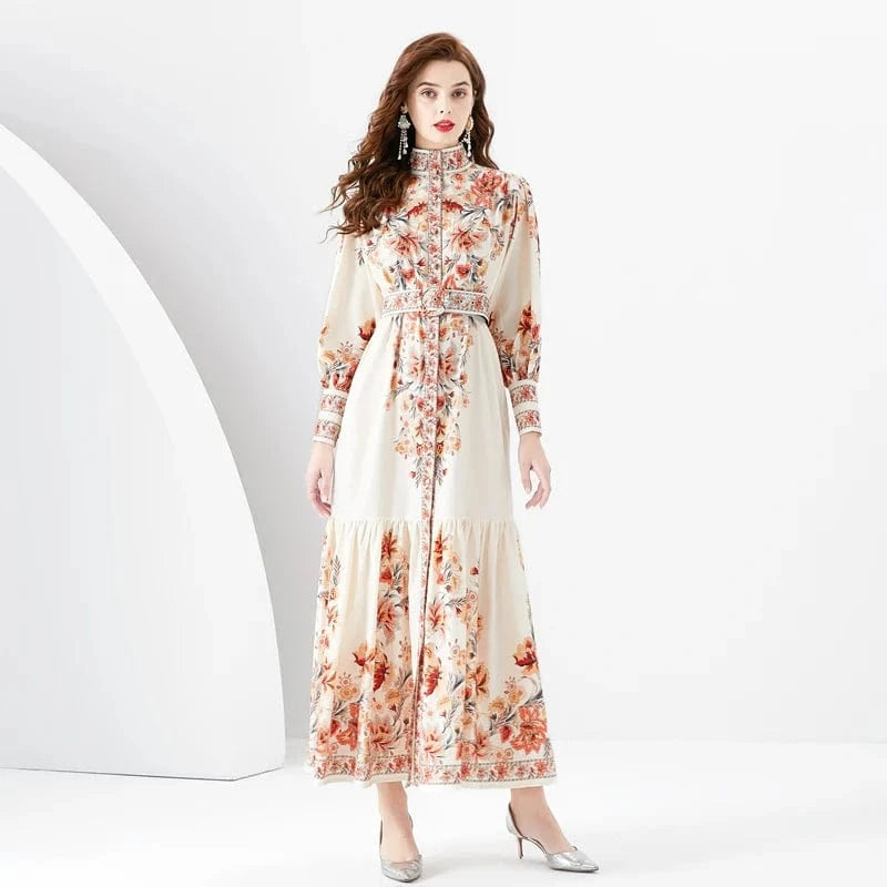 XL / apricot 2024 Early Spring Standing Neck Lantern Sleeves Wave Edge Long Retro Print Dress KL6341080