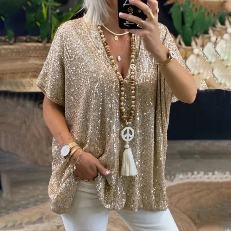 XL / Apricot / Polyester Women New Sequined T-shirt 2024 Summer Fashion Ladies Mid-length Short-sleeved T-shirt Women Sexy Ins Bright Glitter Loose Tops