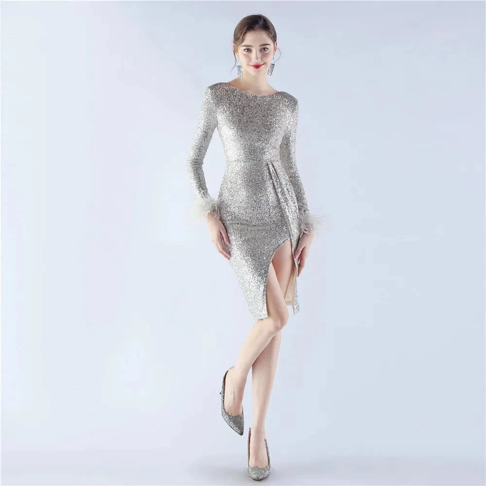 XL / Apricot silver 31339# 2024 new spot craft order ostrich hair short dress long sleeve bead