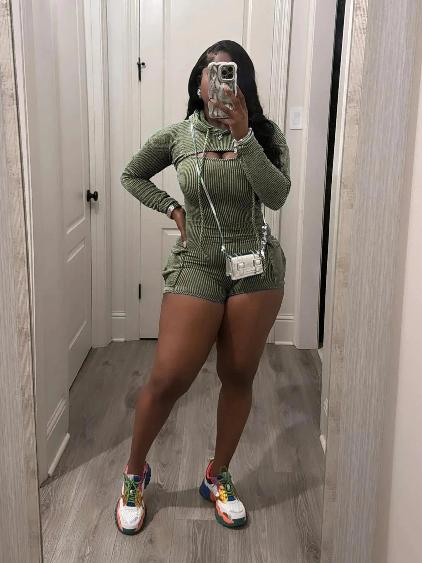 XL / Army Green GX24019 fashion 2024 women 2 pieces set long sleeve hooded cropped top and sexy one piece jumpsuit romper two piece set women