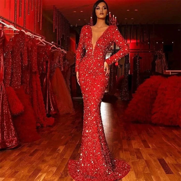 XL / as the picture / Floor Length S0274G 2024 new hot -selling European American package hip fish tail red sequins long -sleeved V -neck evening dresses for women