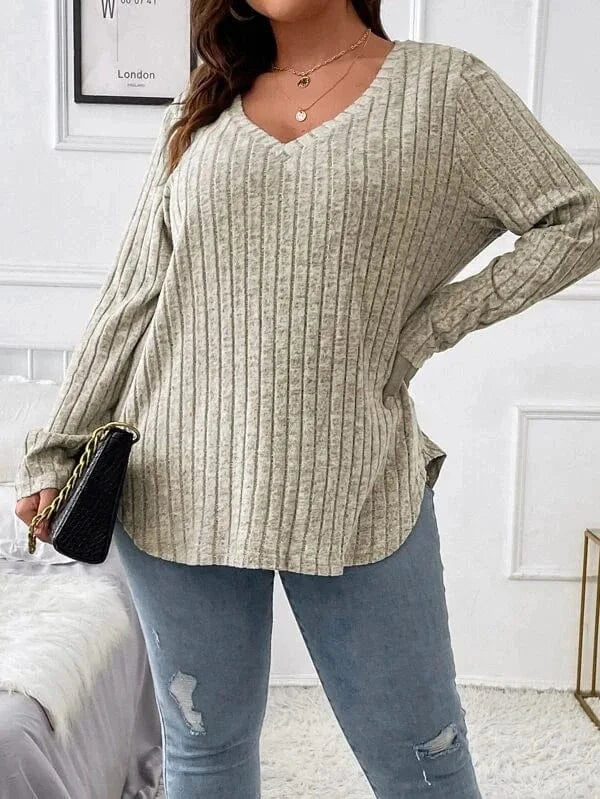 XL / Beige 2024  Solid Color Large Size Women's top V-neck Long Sleeve Women  Autumn Winter Pit Strip Woolen  Loose Casual Sweater