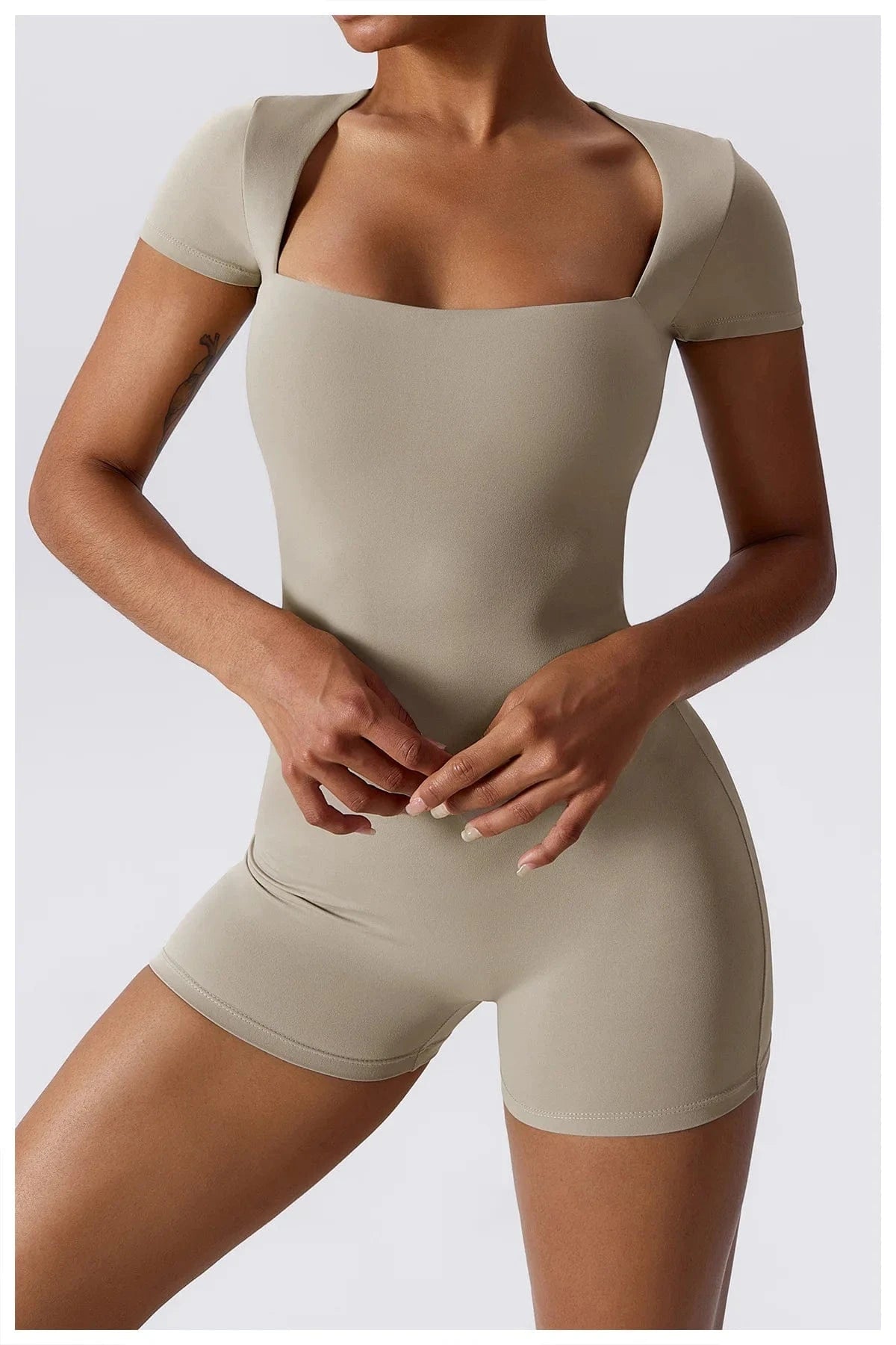 XL / Beige Gym Fitness Sexy One Piece Square Neck Built In Bra Short Sleeve Shorts Yoga Dance Jumpsuit Women Workout Training Sports Wear