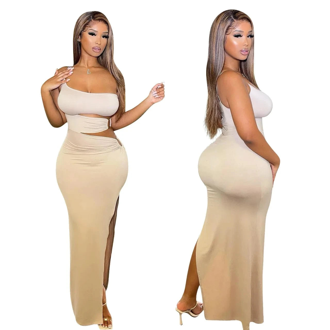 XL / Beige Sexy Bodycon One Shoulder Cut Out Slit Lady Club Dress Summer Asymmetric Womens Casual Maxi dresses 2022