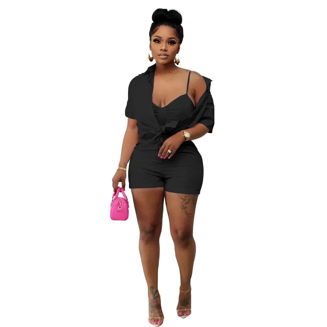 XL / Black 2022 Summer Clothing Cute Shirt  3 Piece Short Set Womens Short Solid Three Piece set  for Ladies Trendy outfits with Chest