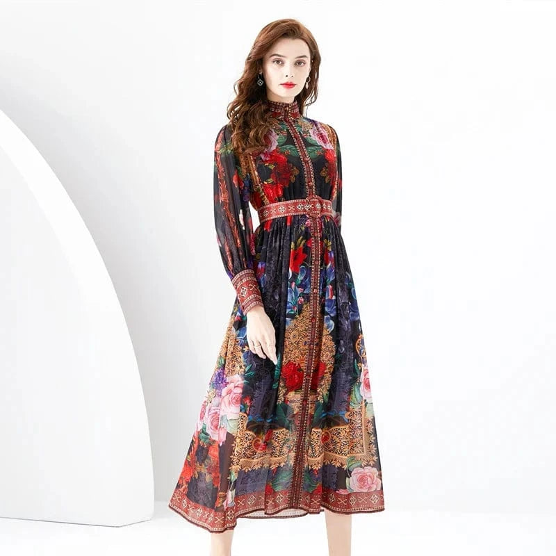XL / Black 2024 Early Spring Standing Neck Lantern Sleeves Wave Edge Long Retro Print Dress KL6342078