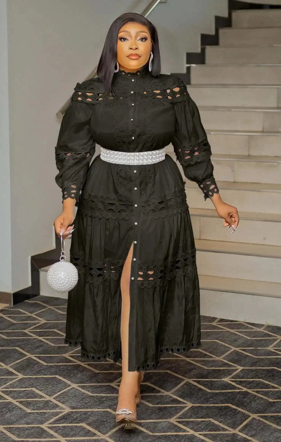 XL / Black 2024 European and American Spring Women's Retro Hollow Lace Spliced Solid Color Round Neck Loose Large Size Long Dress