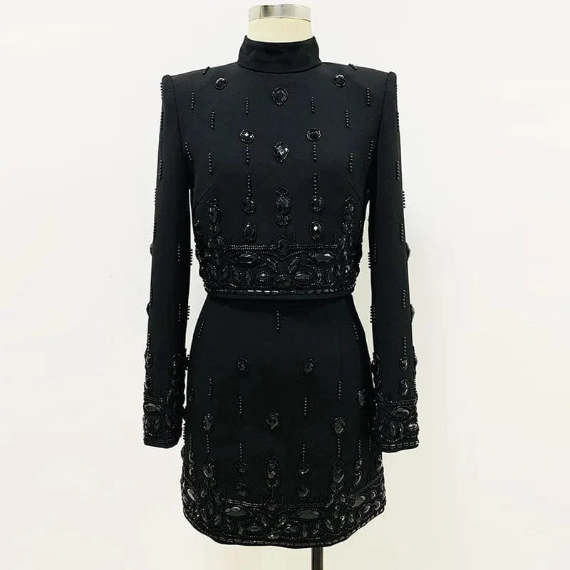 XL / Black 2024 European Style Lady Office Work Suit Fine Workmanship Beading Rhinestone Turtleneck Tops Pencil Mini Skirt Women 2Pcs