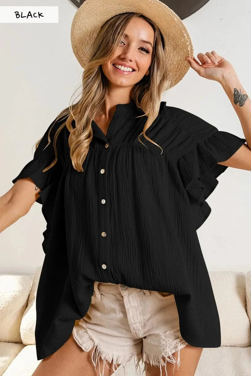 XL / Black 2024 Fashion Trendy Polo Collar Single Breasted Short Sleeve Shirt Tops Solid Color Petal Sleeve Loose Versatile pleated Blouse