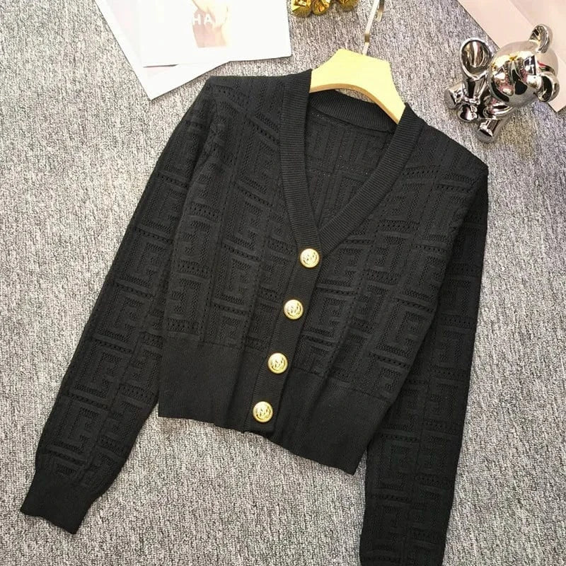 XL / Black 2024 New Arrival Spring Summer Women Solid V-neckline Coat Design Knitted Office Lady Single-breasted Hollow Out Cardigan