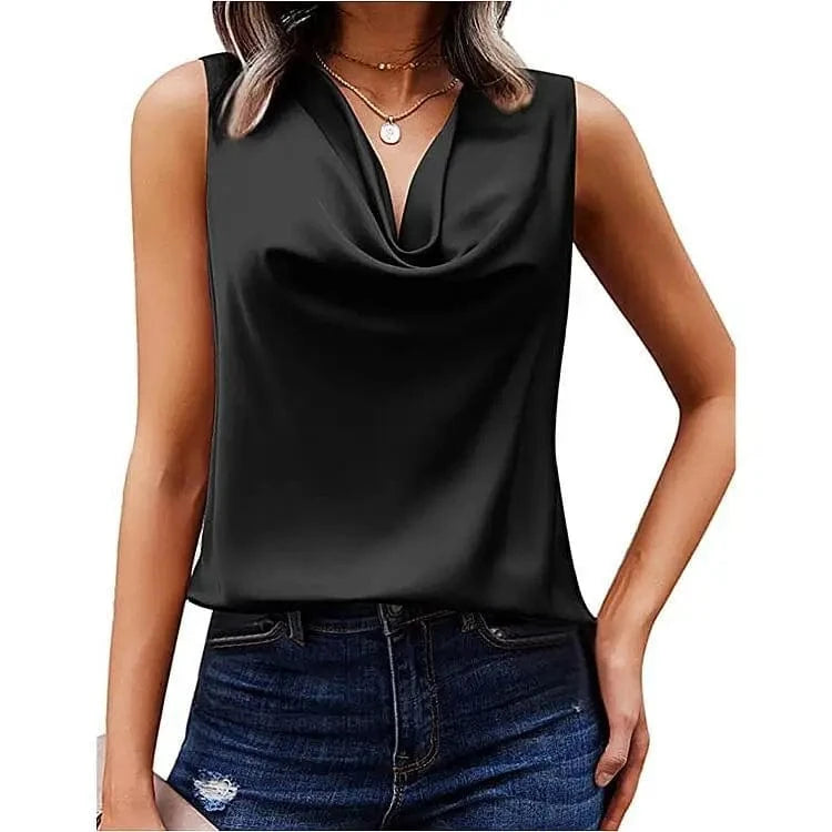 XL / Black 2024 New Summer Satin Crew Neck Vest Casual Halters Sleeveless Shirt  Solid Color Loose Women shirt