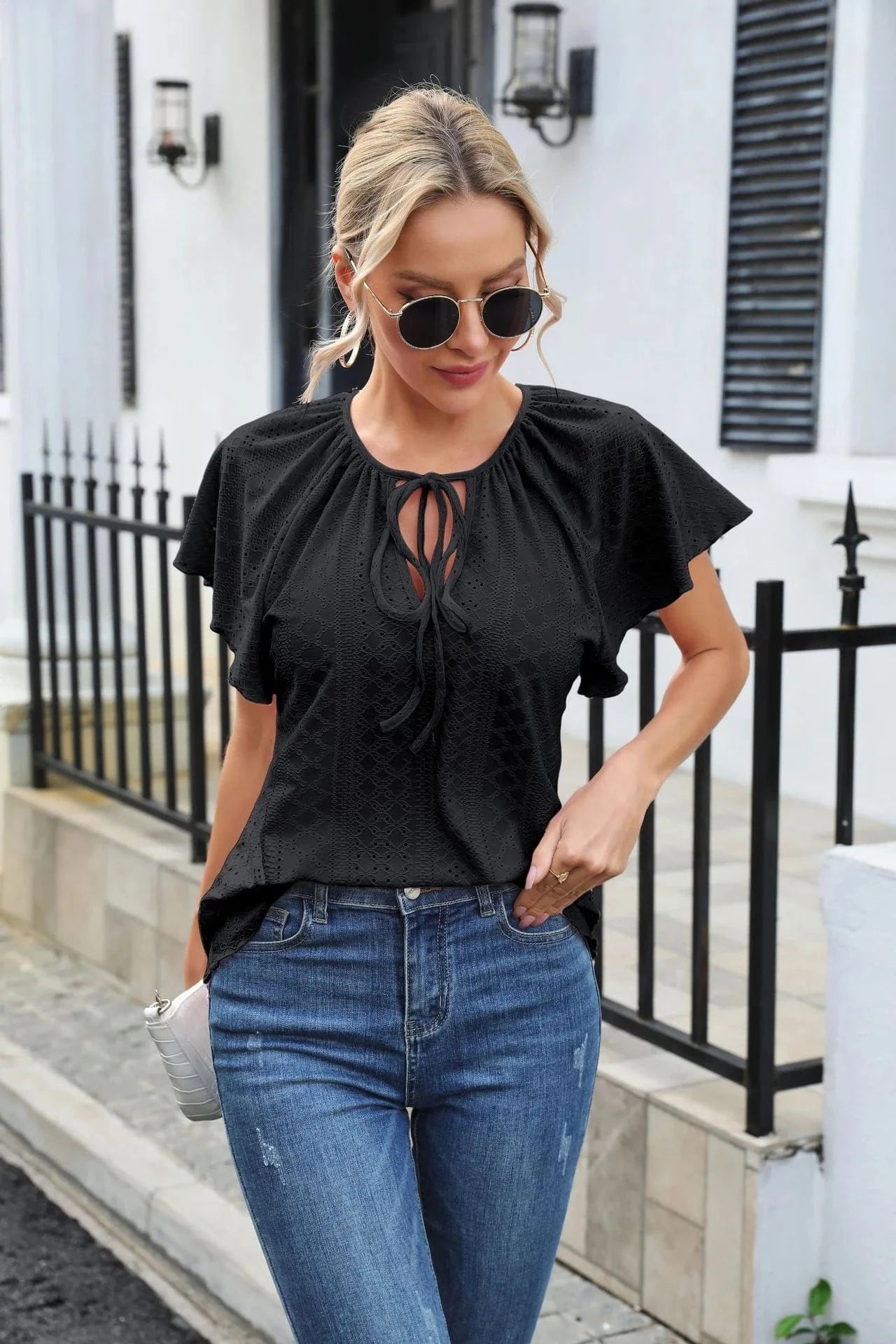 XL / Black 2024 Summer Fashionable Women Shirts Solid Color Women's  Hollow Jacquard Ruffle Edge Raglan Sleeve Lace Short Sleeve Shirt