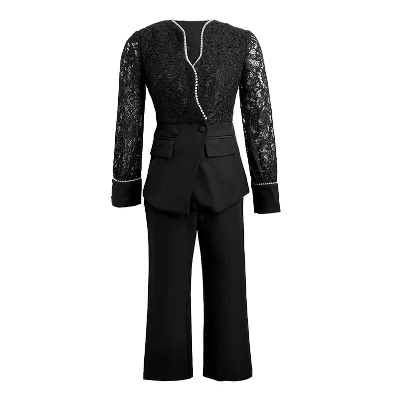 XL / Black 5344 Sexy black Slim Style Women Pant Suits 2024 Spring Waist lace beaded Blazer suit & Pencil Pant Work Style Women Set