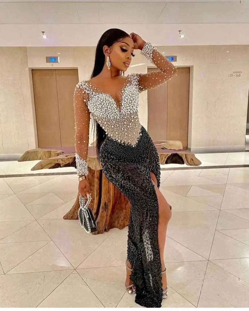 XL / Black and white Novance Y2319-B Manufacturer Party Dress Diamond Beaded Robe De Soiree Sexy High Slit Elegant Formal Graduation Dress For Women