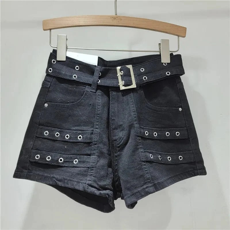 XL / Black C0833 Retro design high waisted loose stretch casual sports denim shorts for women
