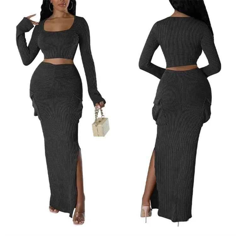 XL / Black Fashion Knit Ribbed Women's Set Long Sleve Jacket and Pocket Side Split Maxi Skirts 2024 Two 2 Piece Sets