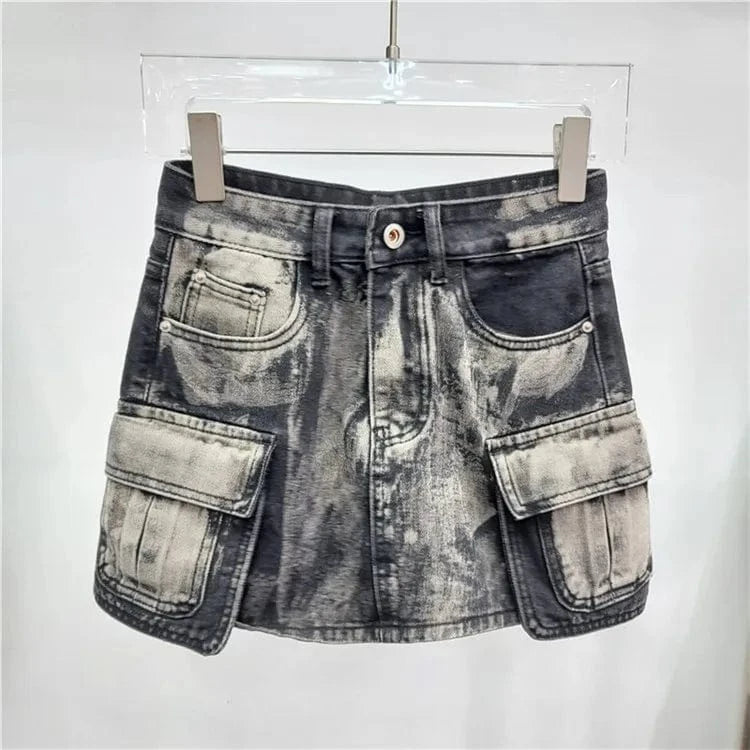 XL / Black gray Women Fashion Pockets Washed Denim Slim A-line Mini Skirt 2024 Street Female Casual Jeans Cargo Skirts