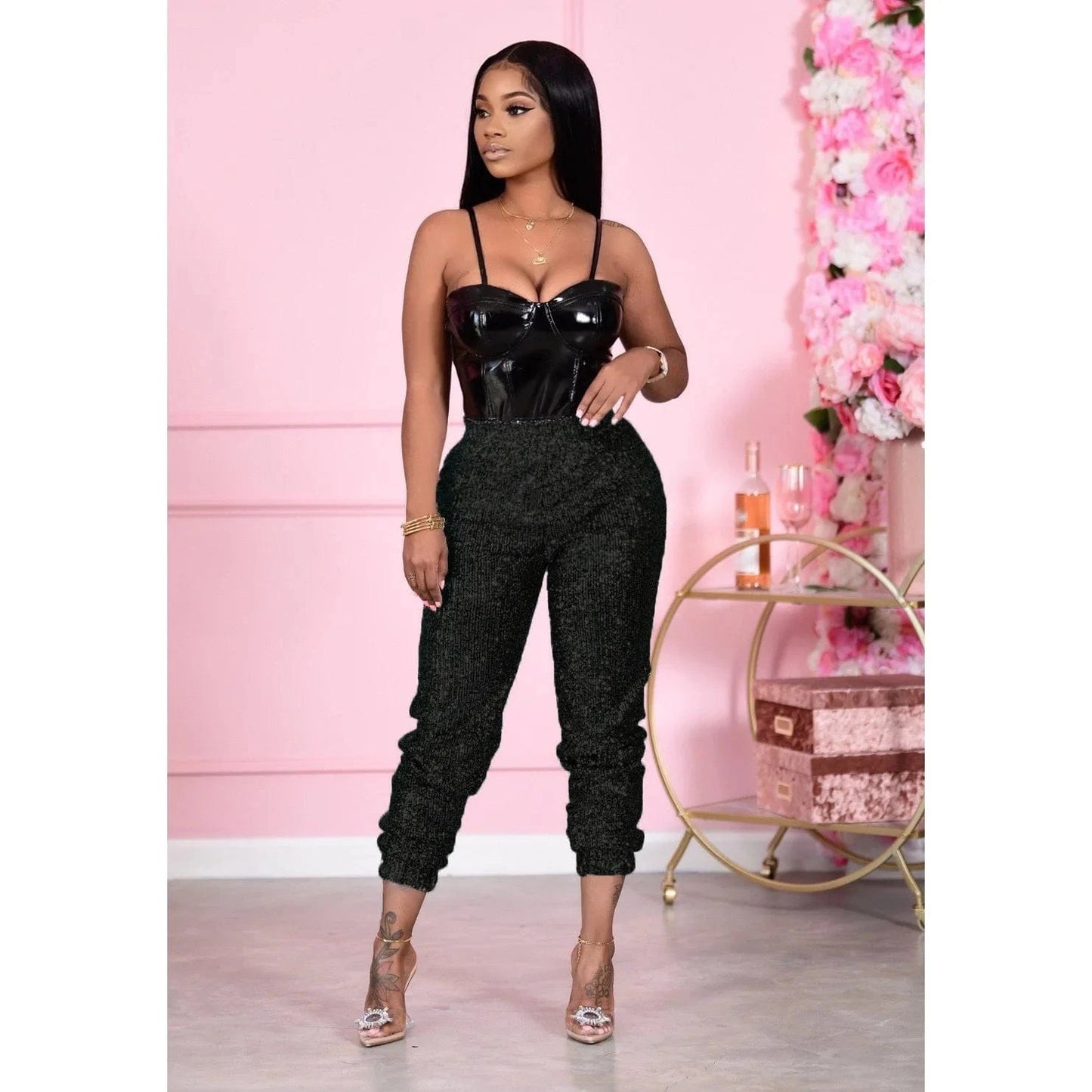 XL / Black High Waist Elastic Sequined Ankle Banded Pants Women Spring Fall Shining Casual Pant