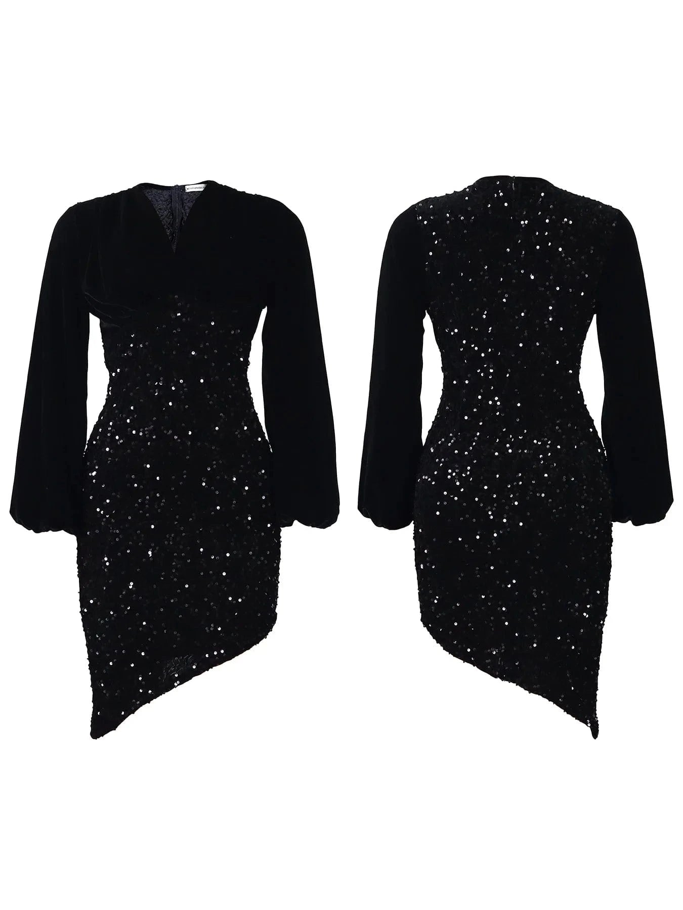 XL / Black latest New Design stylish V Neck puff Long Sleeve Shiny chic elegant Women Party Sequin High Waist Mid Length Evening Dresses