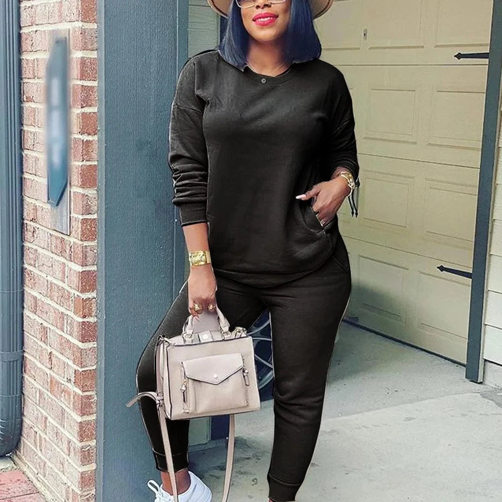 XL / Black New 2024 Fall Autumn 2 Piece Long Sleeve Sport Casual Solid Colors Cotton Two Piece Pants Set Tracksuit Women Jogger Suit Sets