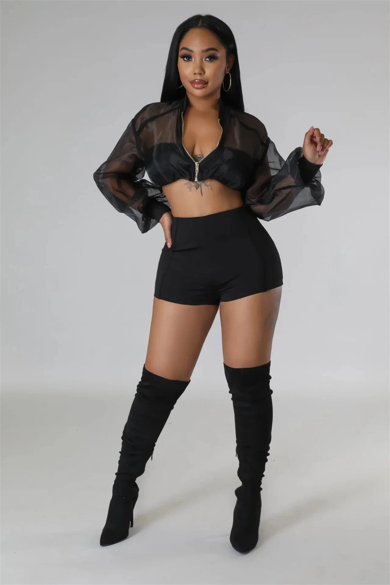 XL / Black See Through Mesh Top Shorts Tracksuit Set 2 Piece Crop Top and Shorts Women Sets Long Sleeve Shorts Set Street for Girls