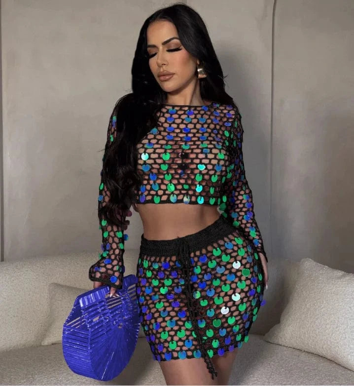 XL / Black Sexy Knitted Mini Skirt Outfits Summer 2024 Long Sleeve Crop Top Skirt Suits Women Chic Crochet Sequin Two Piece Beach Skirt Set