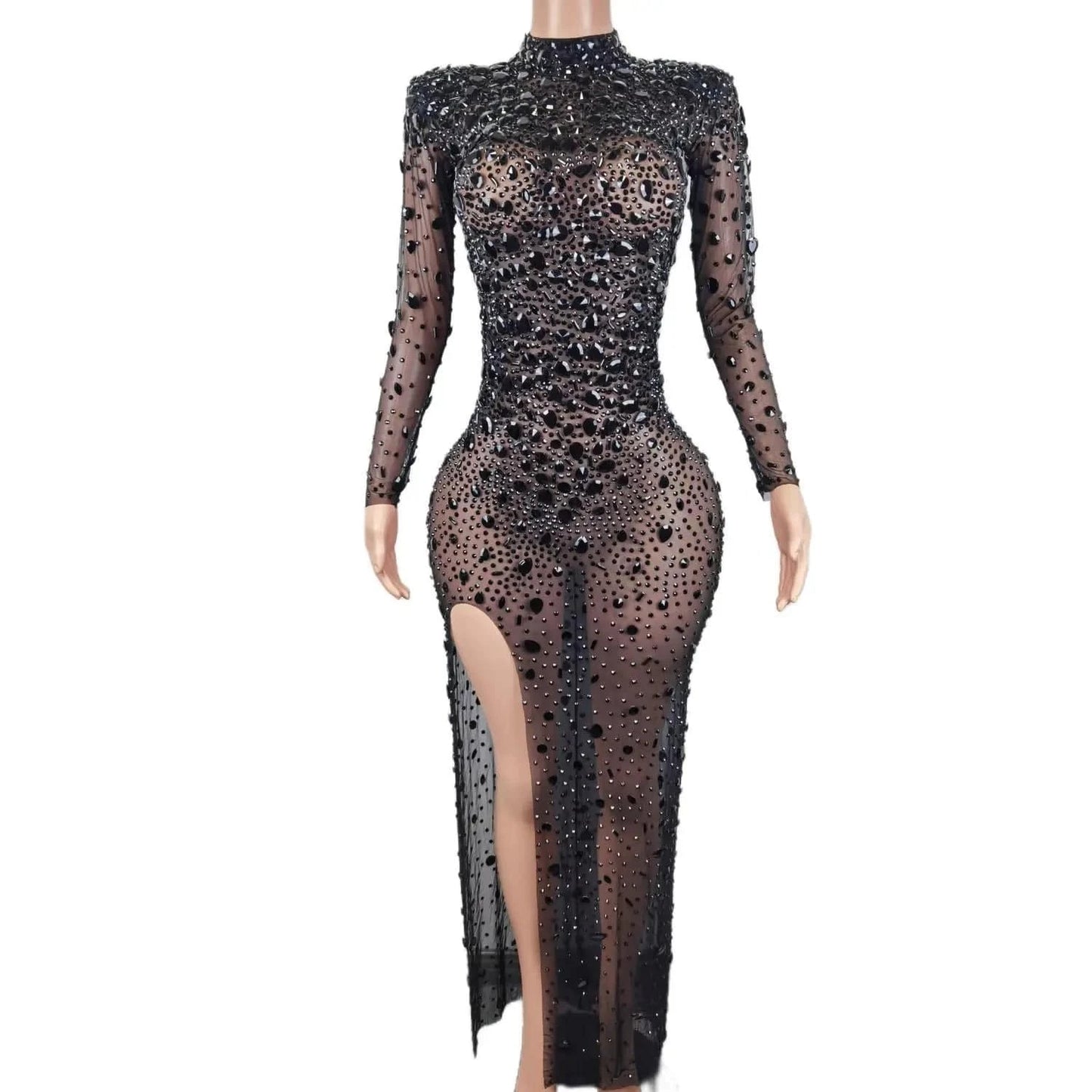 XL / Black Vestido Sexy See Through High Slit Crystal Birthday Wedding Formal Dresses Women Lady Elegant Maxi Dinner Night Evening Dress