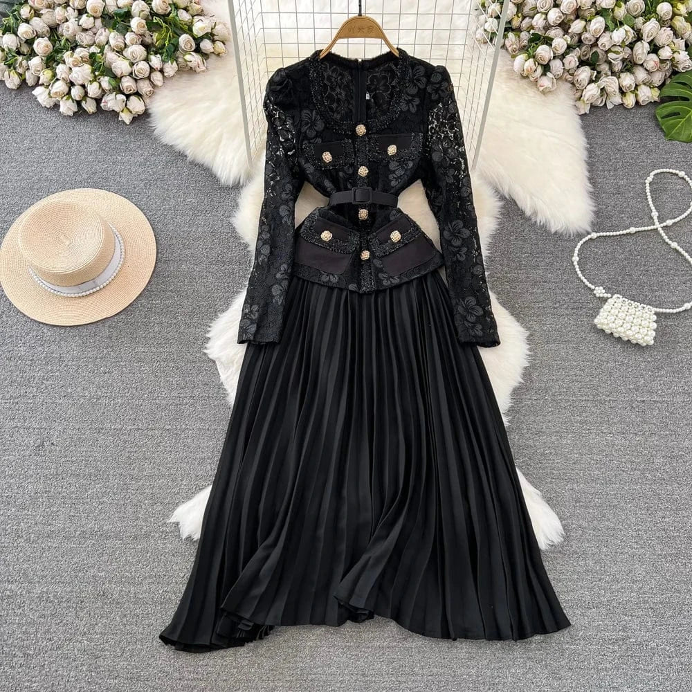 XL / Black Wholesale 2024 Autumn Temperament Two Piece Long Sleeve Square Neck Lace Spliced Waist A Line Large Fold Women's Dress